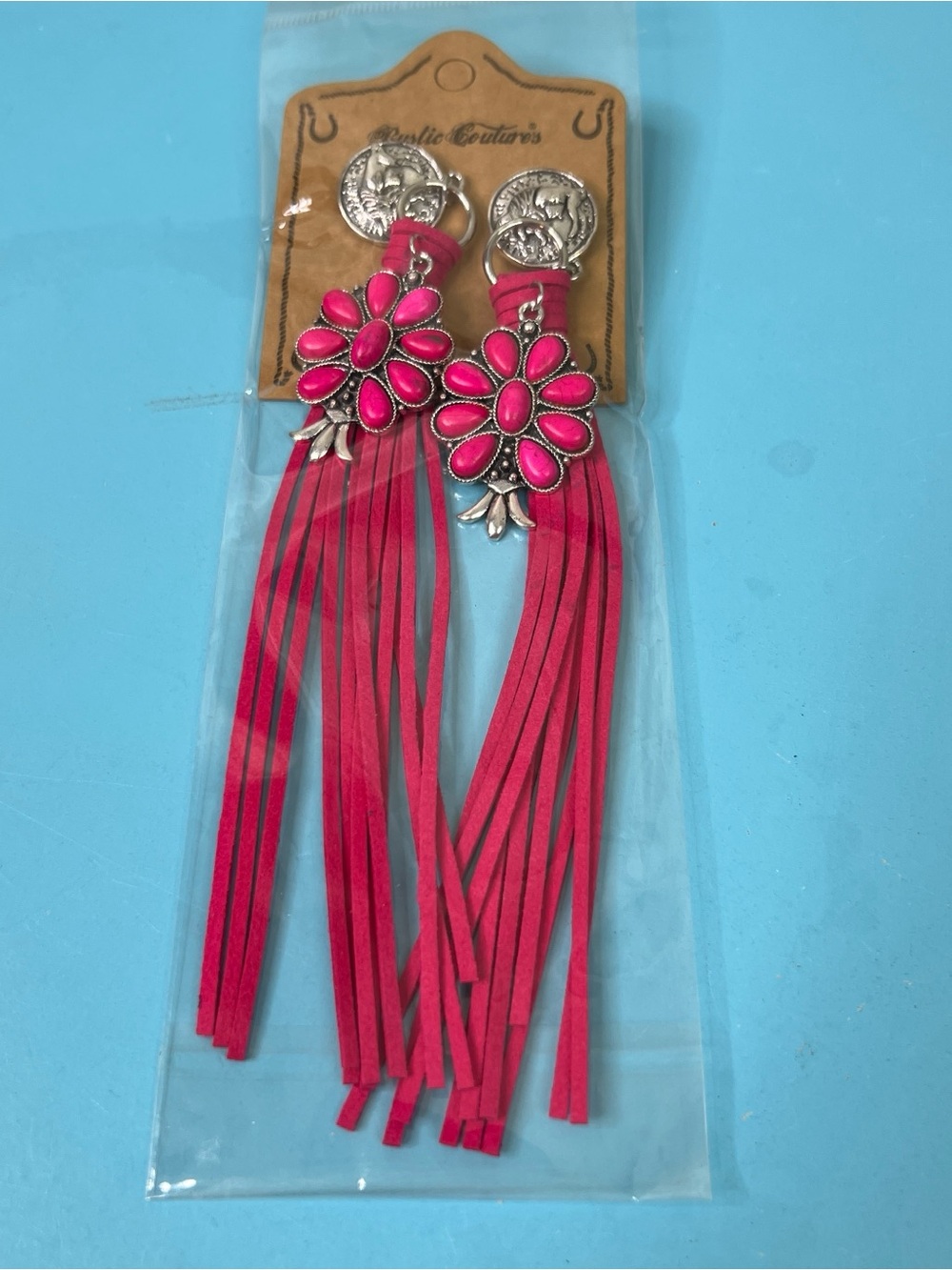 Rustic Couture Western Fringe Earrings Silver Tone with Pink Stones and Fringe